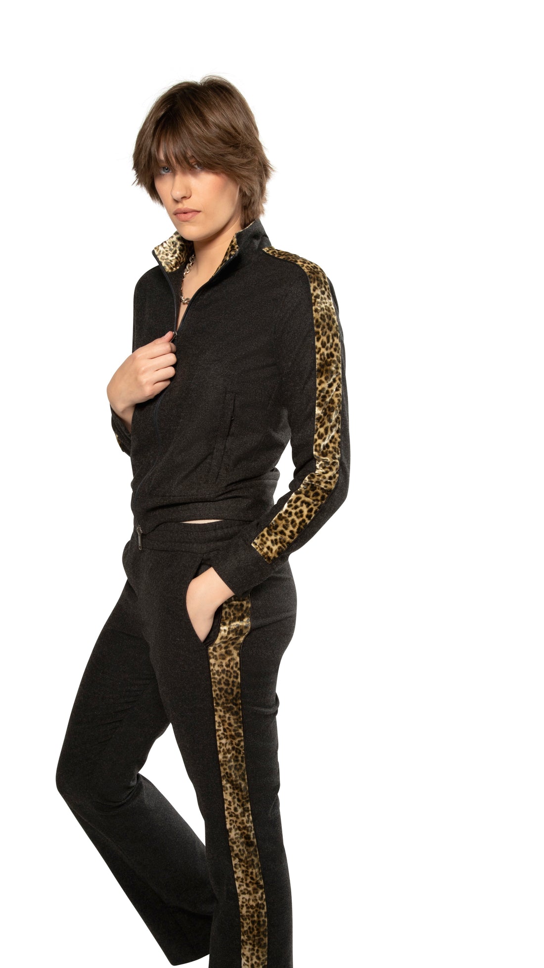 Animal Print Sleeve-Stripe Track Jacket