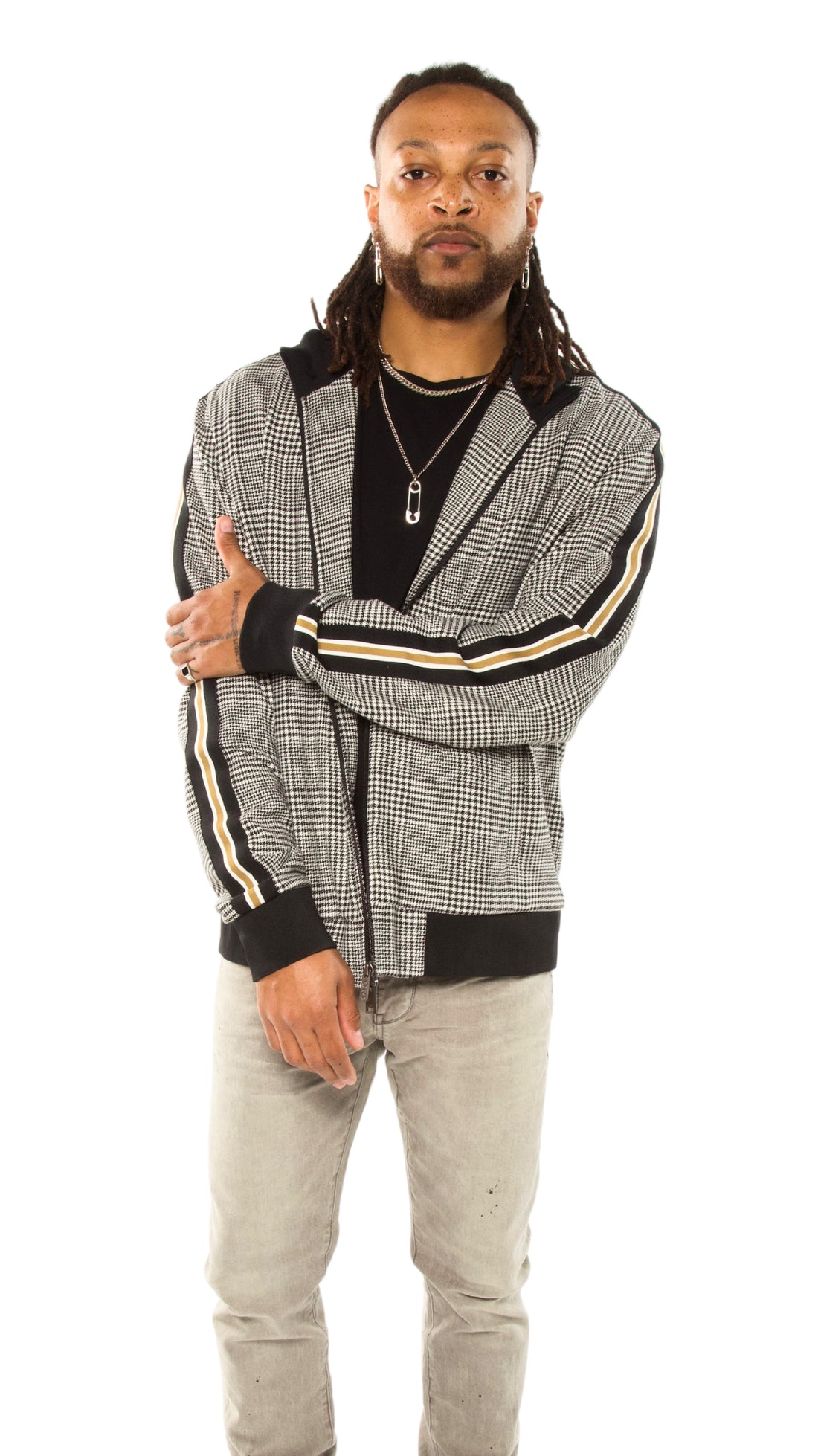 Houndstooth Track Jacket With Side Tape Detail