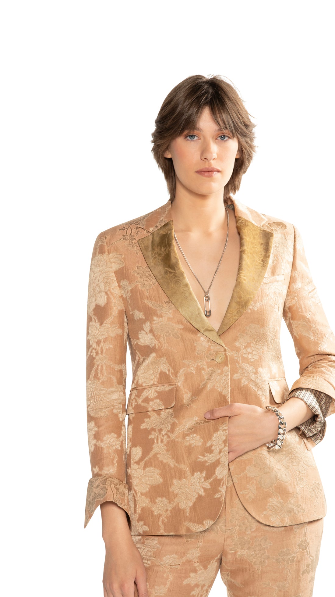 Long 1 Button Notch Lapel Jacket & Floral Jacquard Flare Pant Set