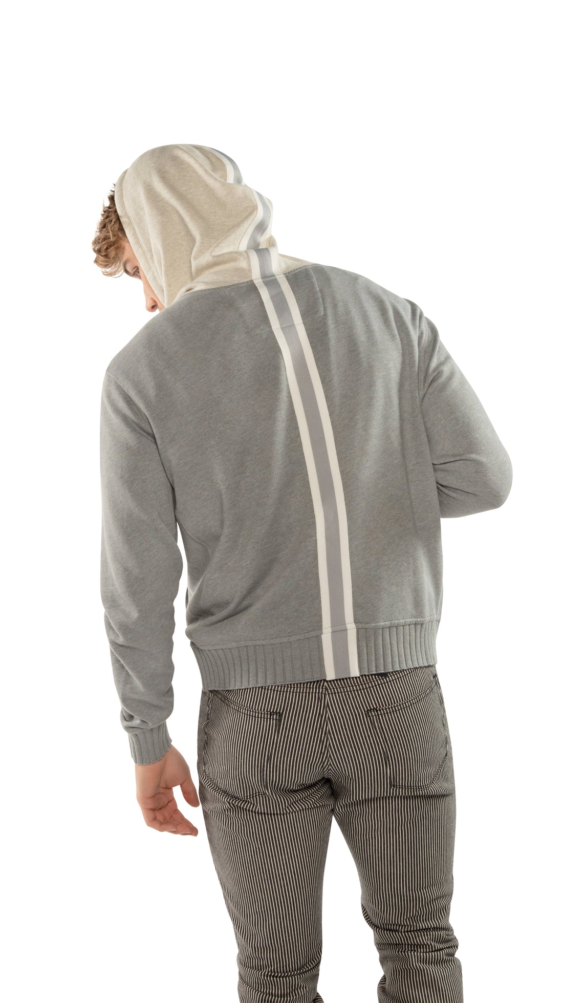 Long Sleeve Zip Front Knit Sweatshirt With Color-Block Hood and Tape Detail