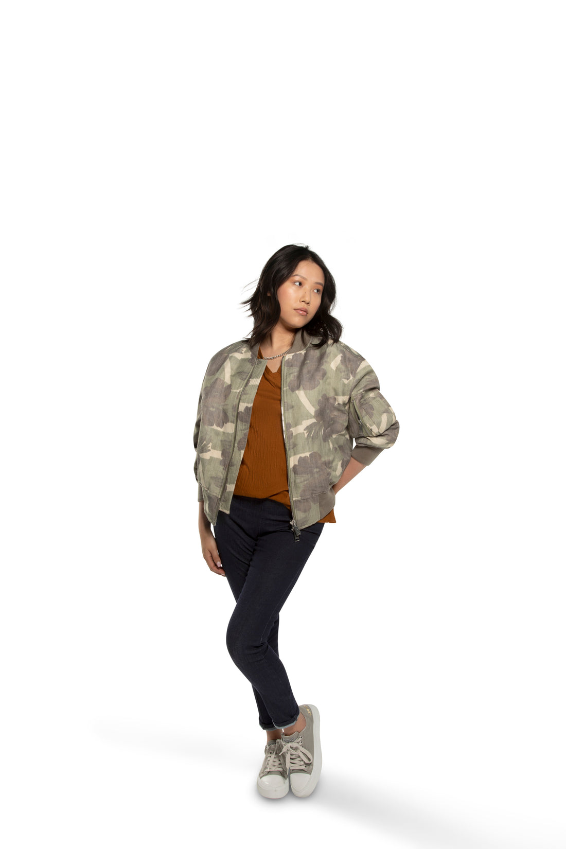 Ruched-Sleeve Floral Camo Blouson Jacket