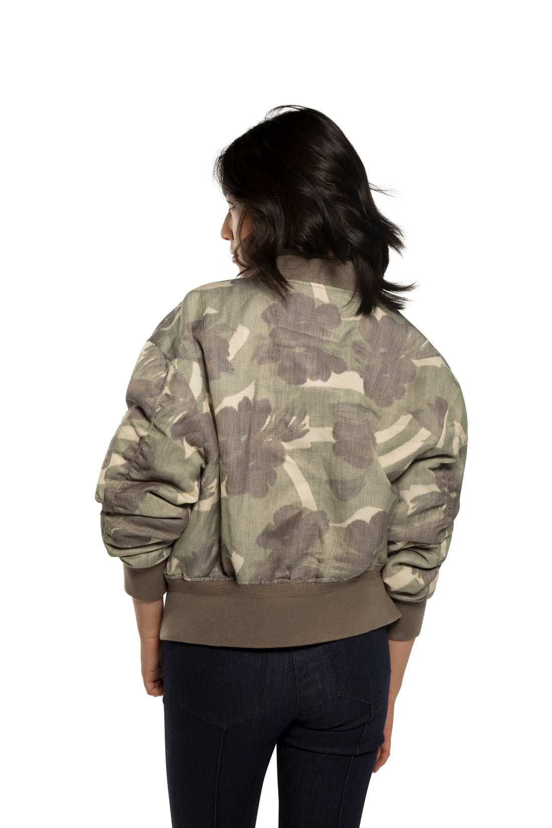 Ruched-Sleeve Floral Camo Blouson Jacket