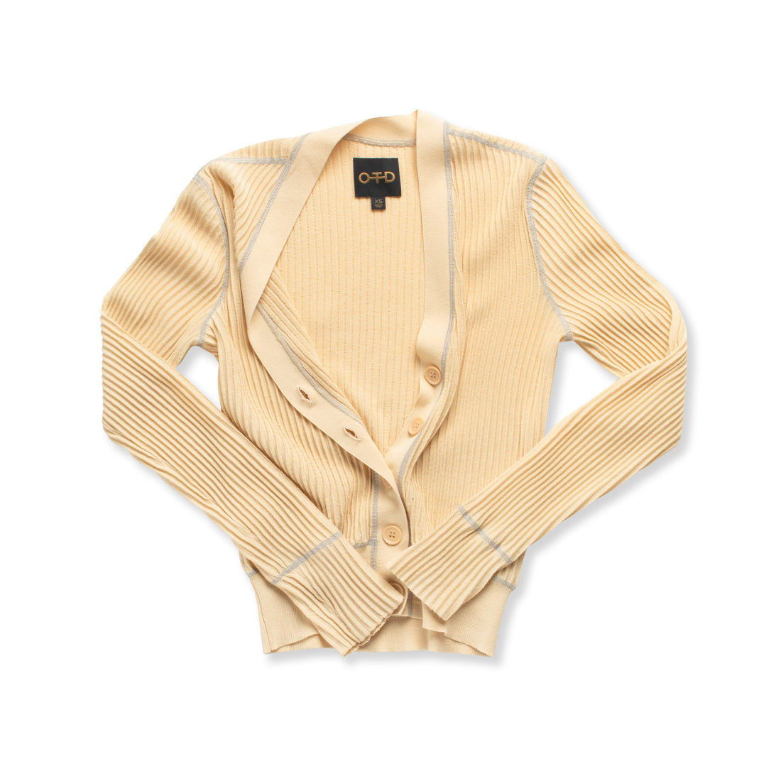 Ribbed Contrast-Stitch Cardigan Sweater (Straw)