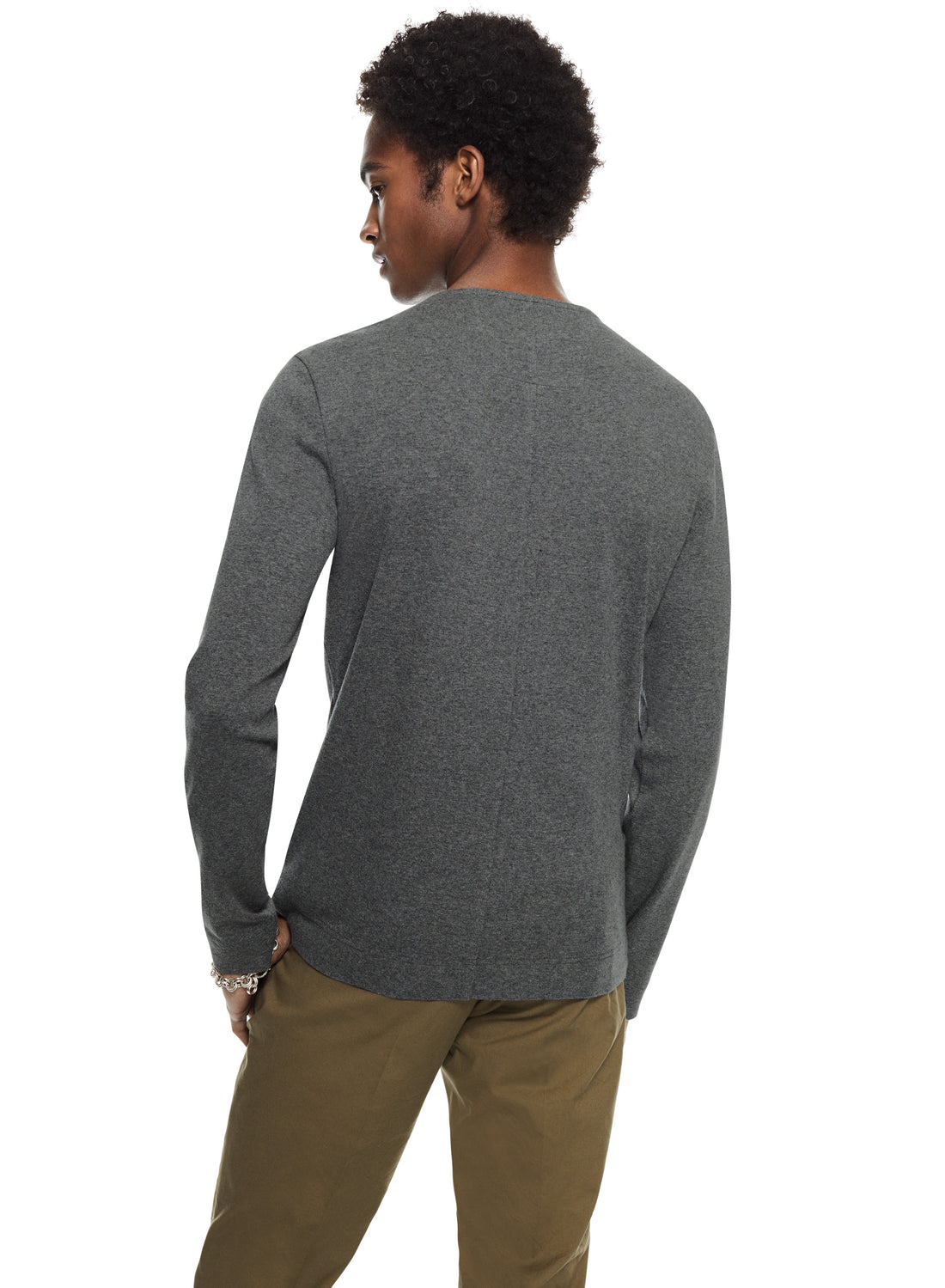 Long Sleeve Ribbed Cotton Crewneck (Dark Grey Heather)