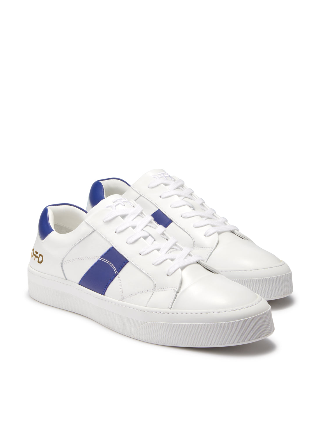 White Men's Leather Low-Top Sneakers w/ Blue Stripe