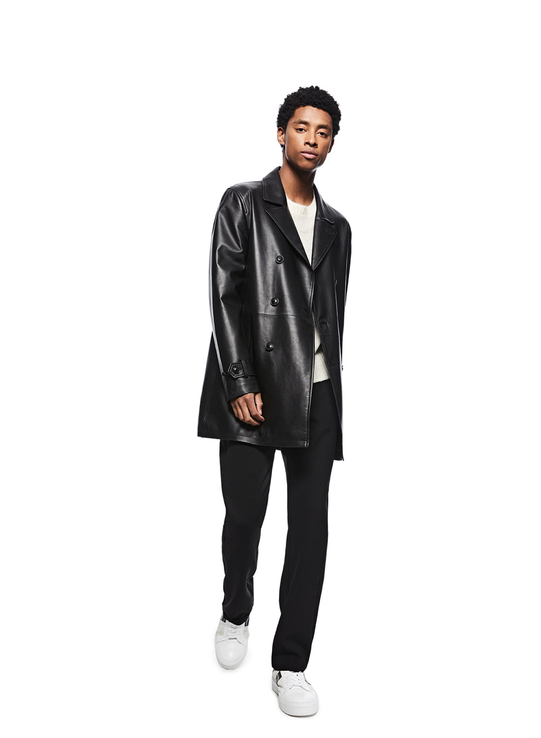 Front of Men's Black Leather Peacoat