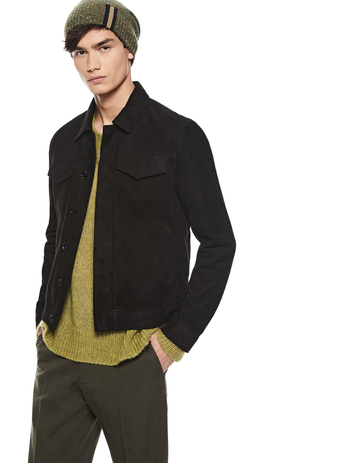 Front of Men's Black Suede Trucker Jacket - Image #2