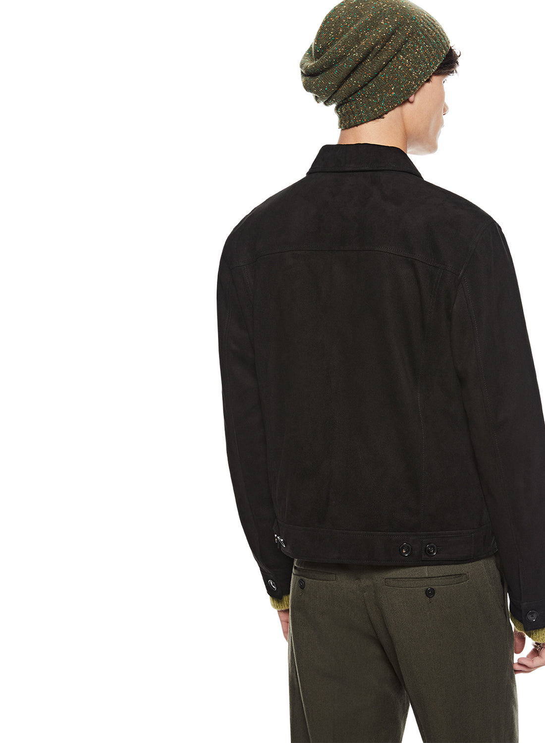 Back of Men's Black Suede Trucker Jacket