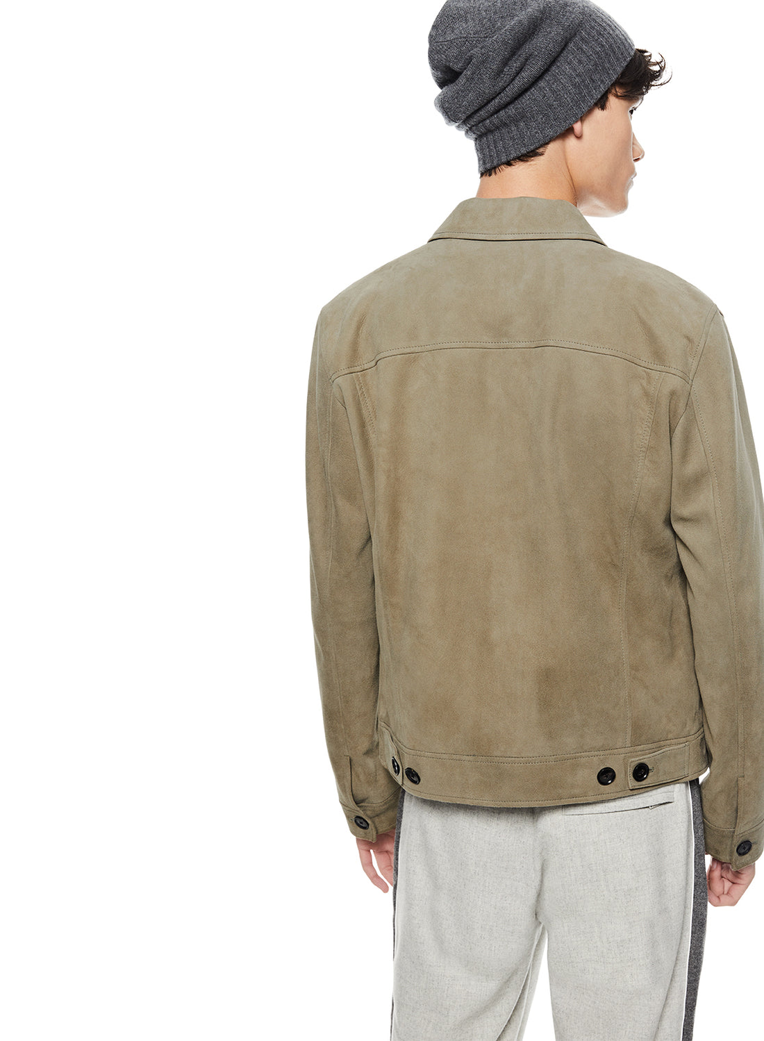 Back of Men's Sage Suede Trucker Jacket