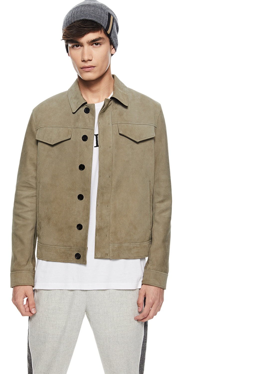 Front of Men's Sage Suede Trucker Jacket - Image #2