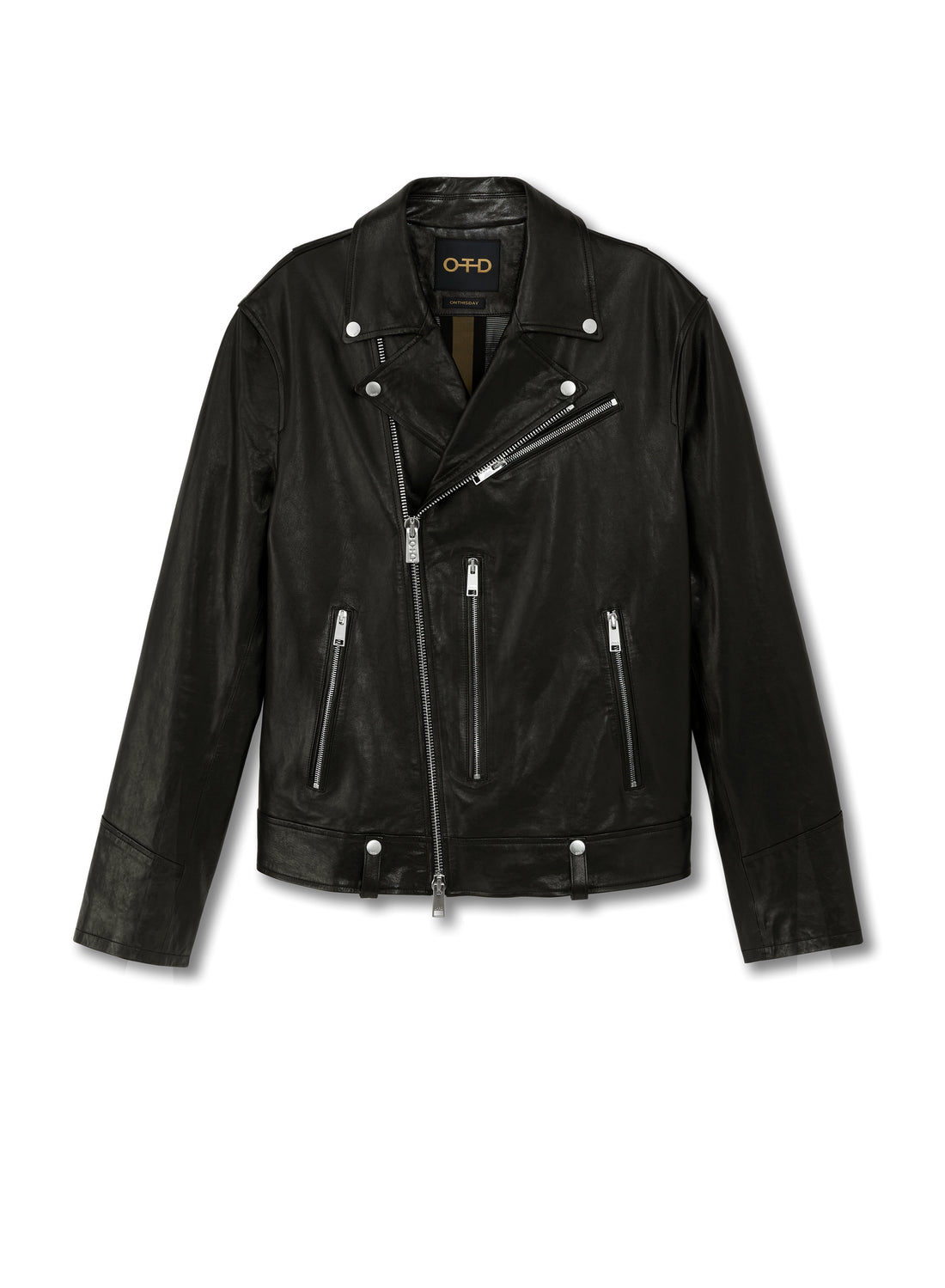 Front of Men's Black Leather Racer Jacket - Image #2