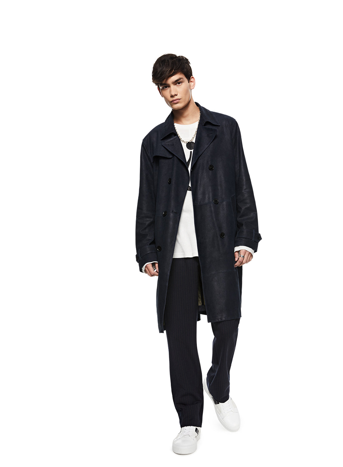 Front of Men's Midnight Suede Trench Coat