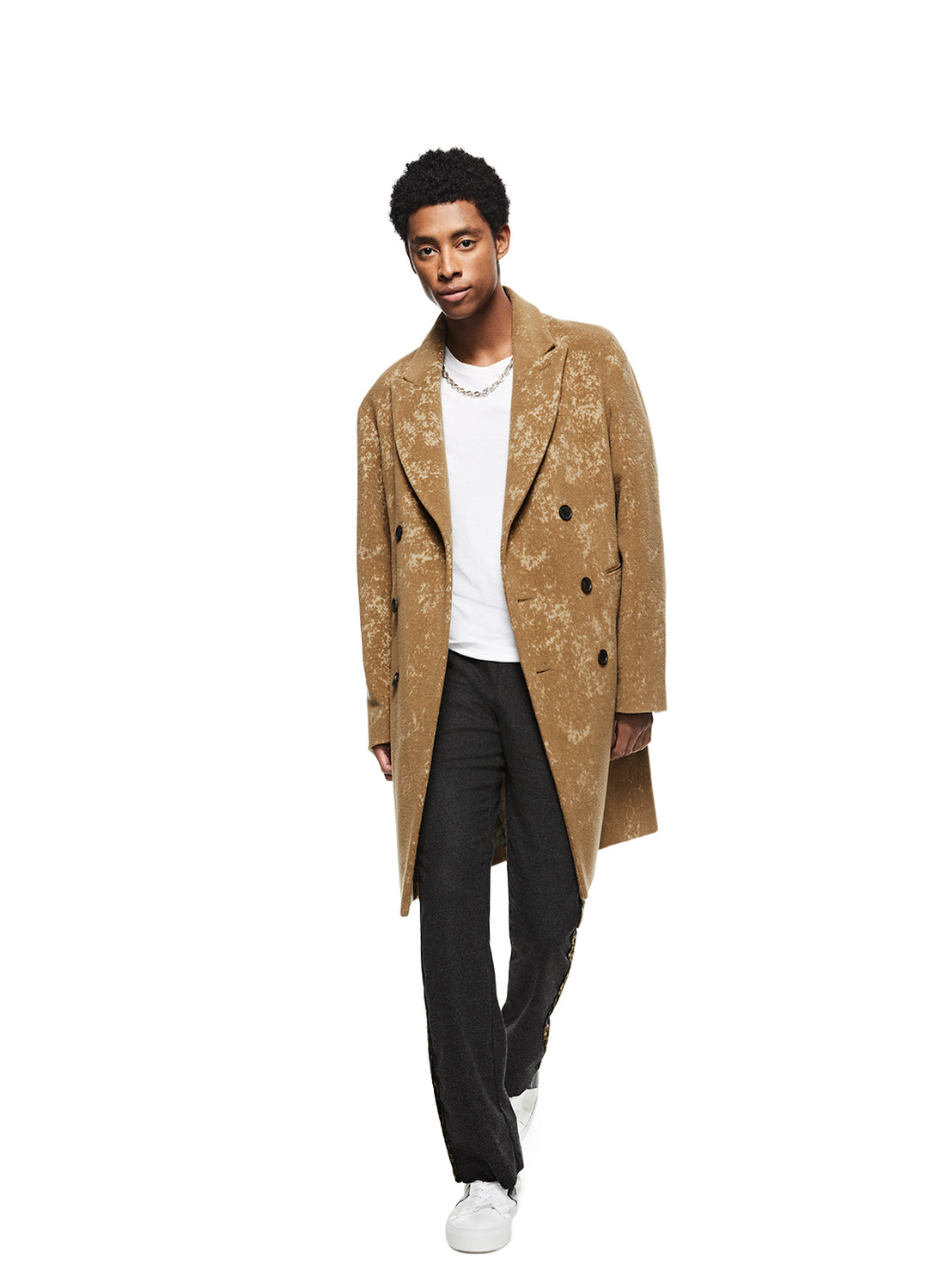 Front of Men's Camel Jacquard Peak Lapel Coat