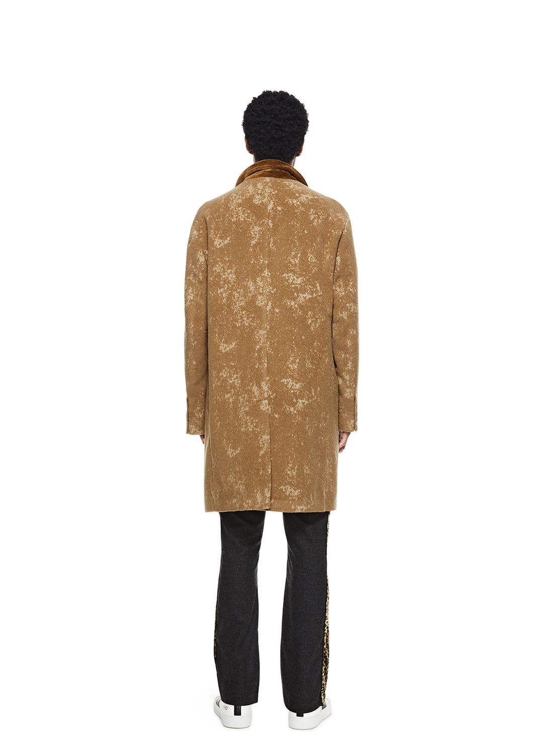 Back of Men's Camel Jacquard Peak Lapel Coat