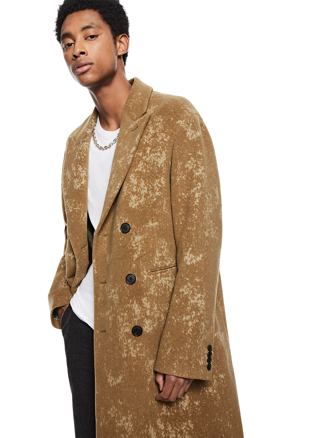 Front of Men's Camel Jacquard Peak Lapel Coat - Image #2