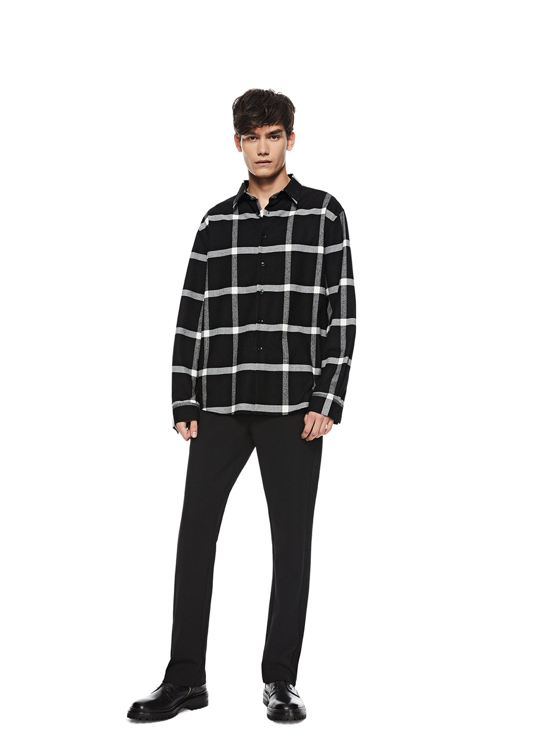 Front of Men's Black Multi Windowpane Shirt