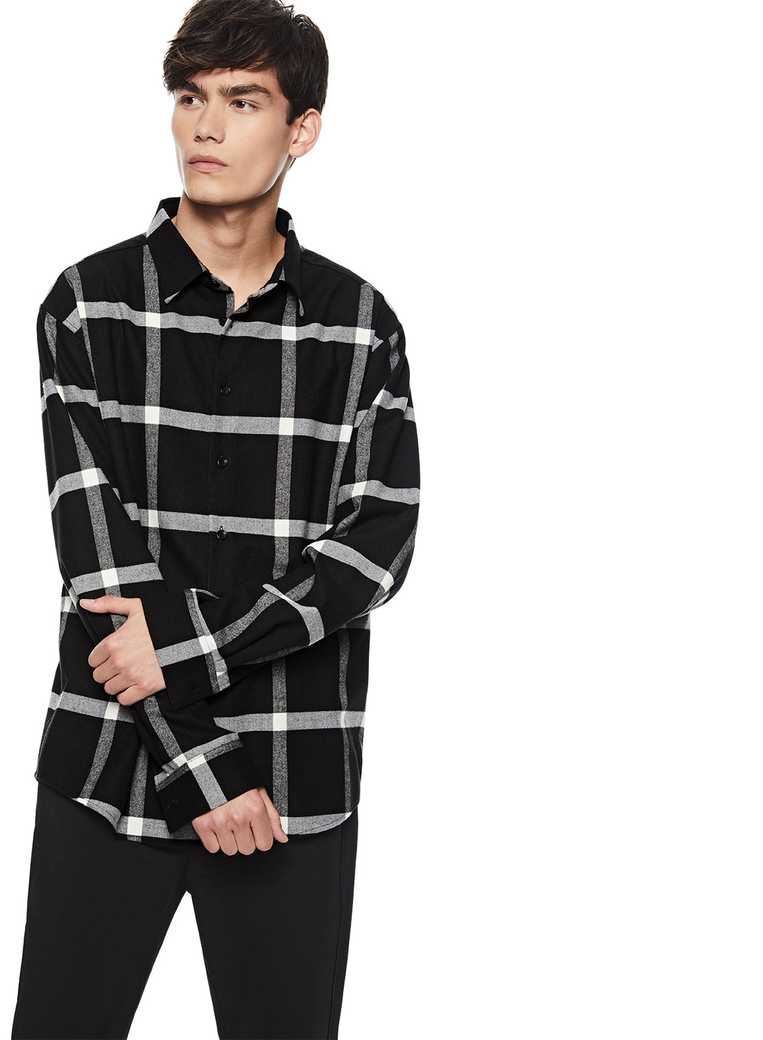 Front of Men's Black Multi Windowpane Shirt - Image #2