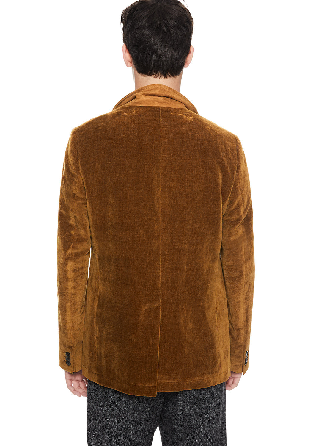 Back of Men's Copper Velvet Peak Lapel Blazer