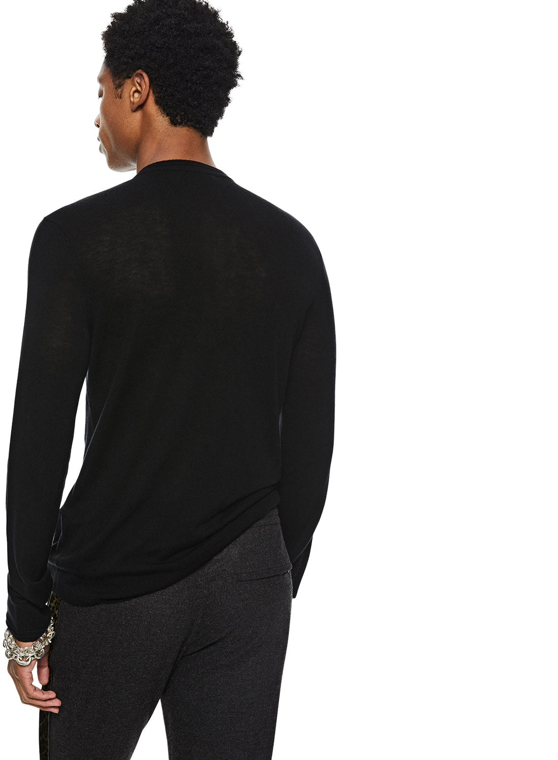 Back of Men's Black Superfine Wool Henley Sweater