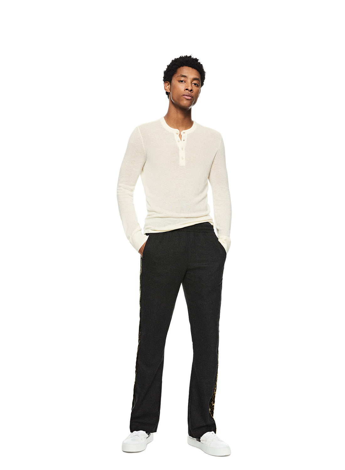 Front of Men's Ivory Superfine Wool Henley Sweater