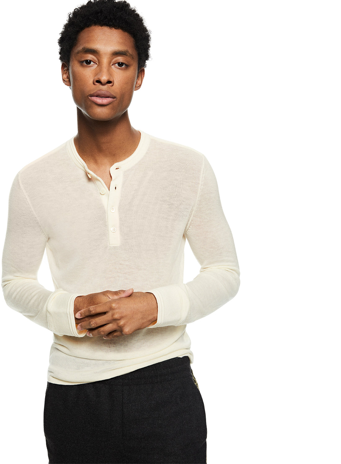 Front of Men's Ivory Superfine Wool Henley Sweater - Image #2