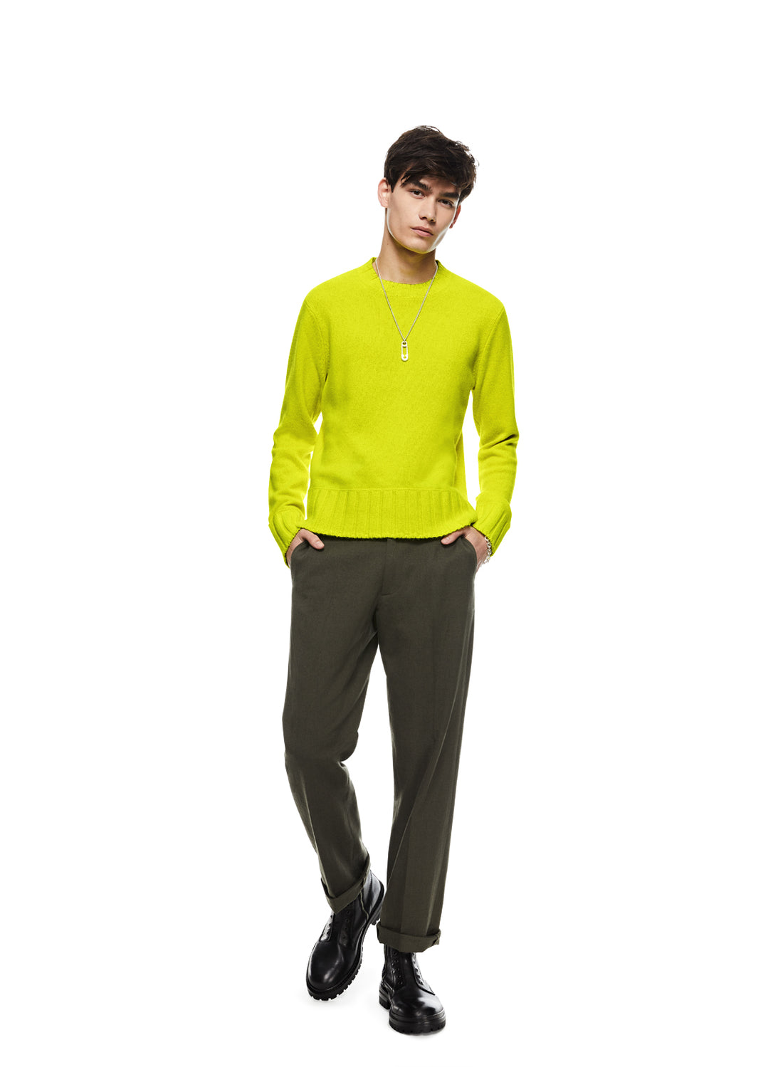 Front of Men's Neon Yellow Cashmere-Blend Crewneck Sweater