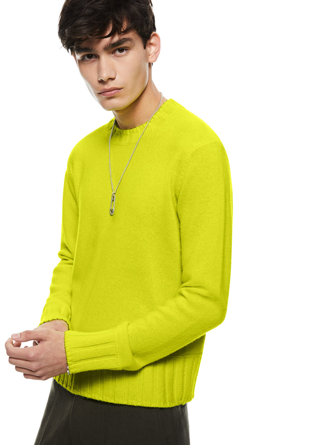 Side of Men's Neon Yellow Cashmere-Blend Crewneck Sweater