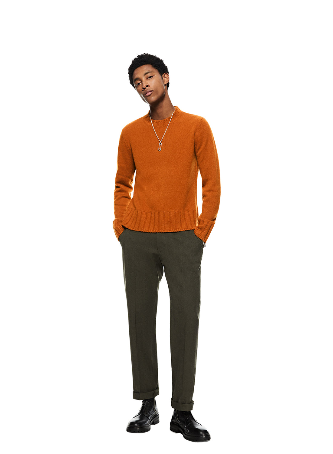 Front of Men's Burnt Orange Cashmere-Blend Crewneck Sweater