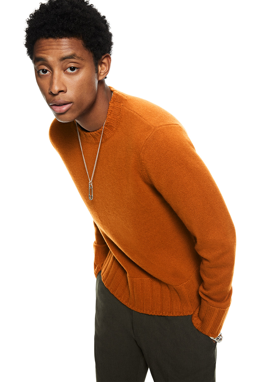 Front of Men's Burnt Orange Cashmere-Blend Crewneck Sweater - Image #2