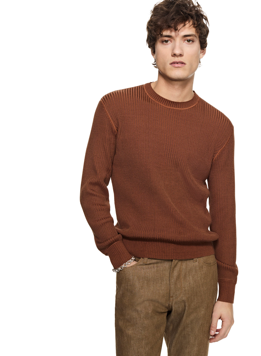 Ribbed Poor Boy Crewneck Sweater (Sepia Brown)