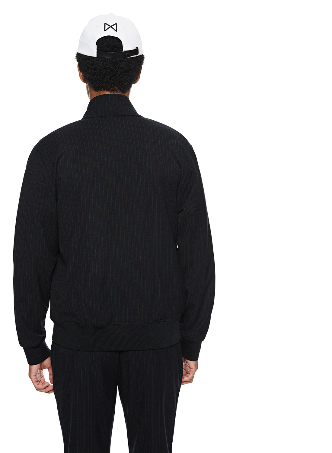 Back of Men's Navy Pinstripe Track Jacket