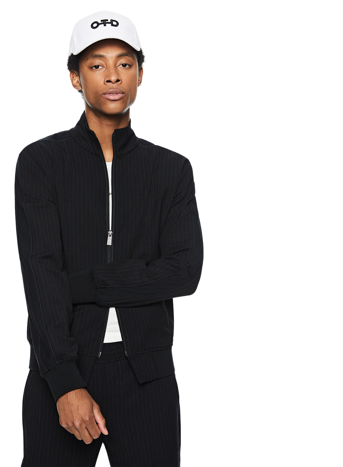 Front of Men's Navy Pinstripe Track Jacket - Image #2