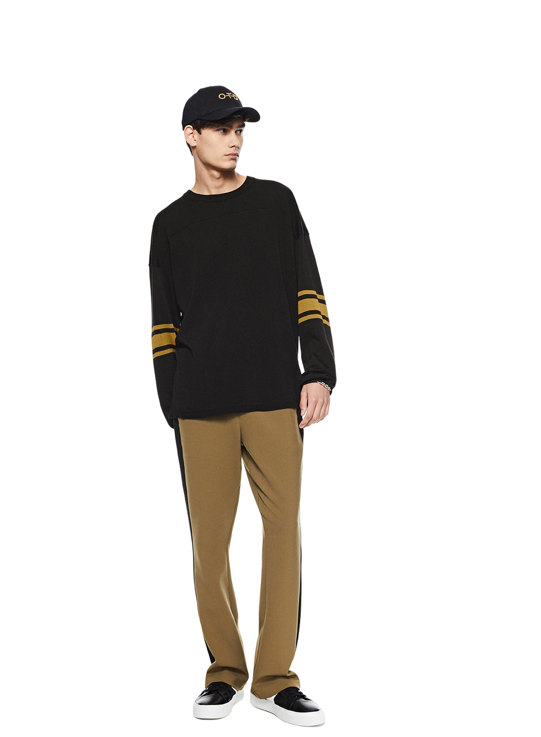 Man in Midnight Sleeve-Stripe Crewneck Sweater