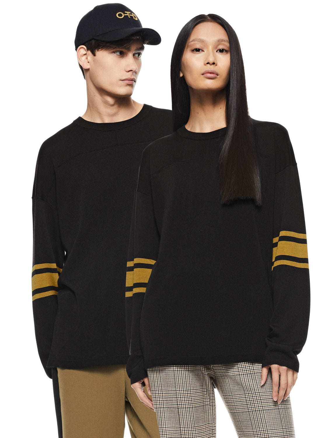 Woman & Man in Midnight Sleeve-Stripe Crewneck Sweater