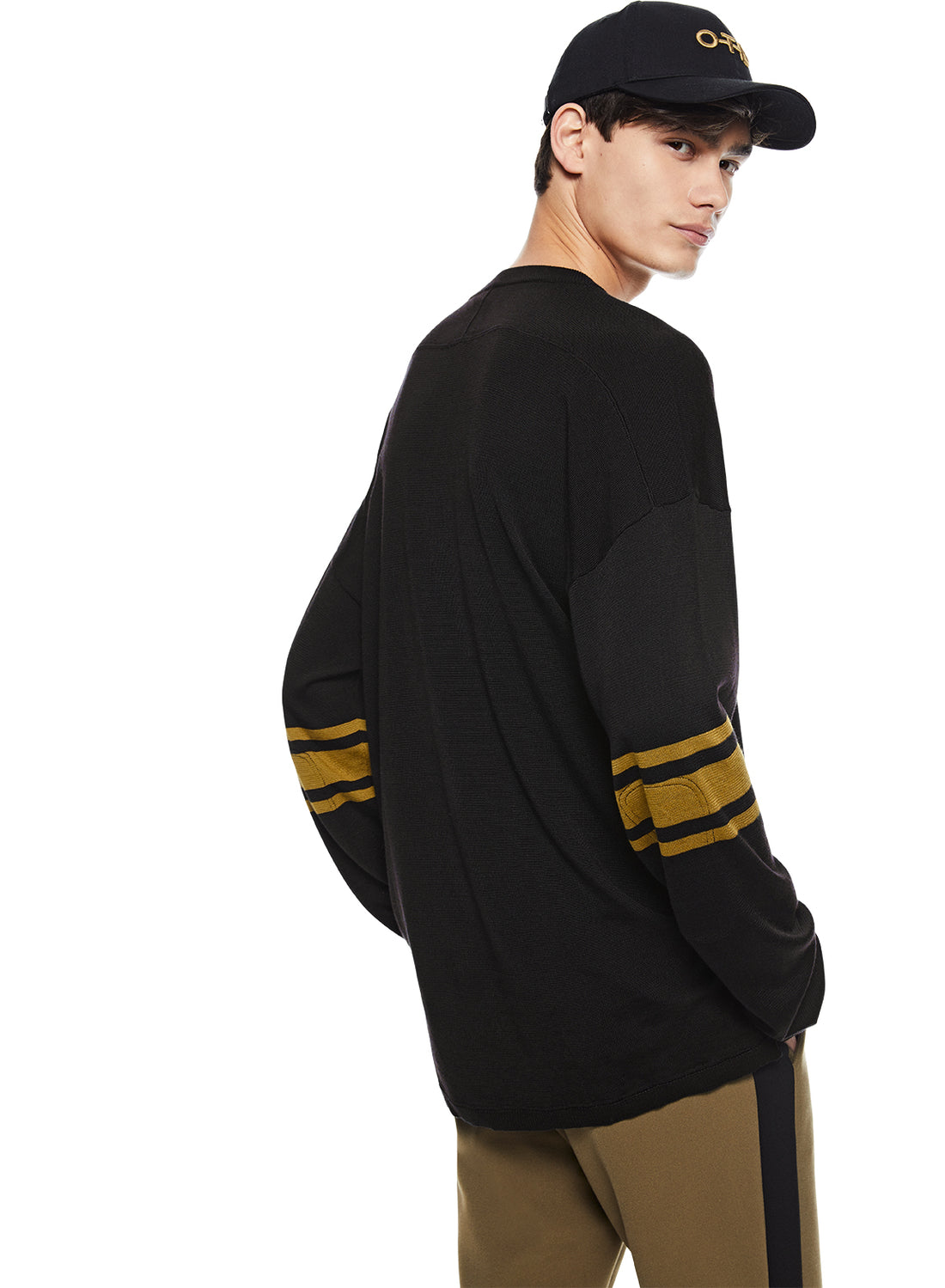 Back of Midnight Sleeve-Stripe Crewneck Sweater