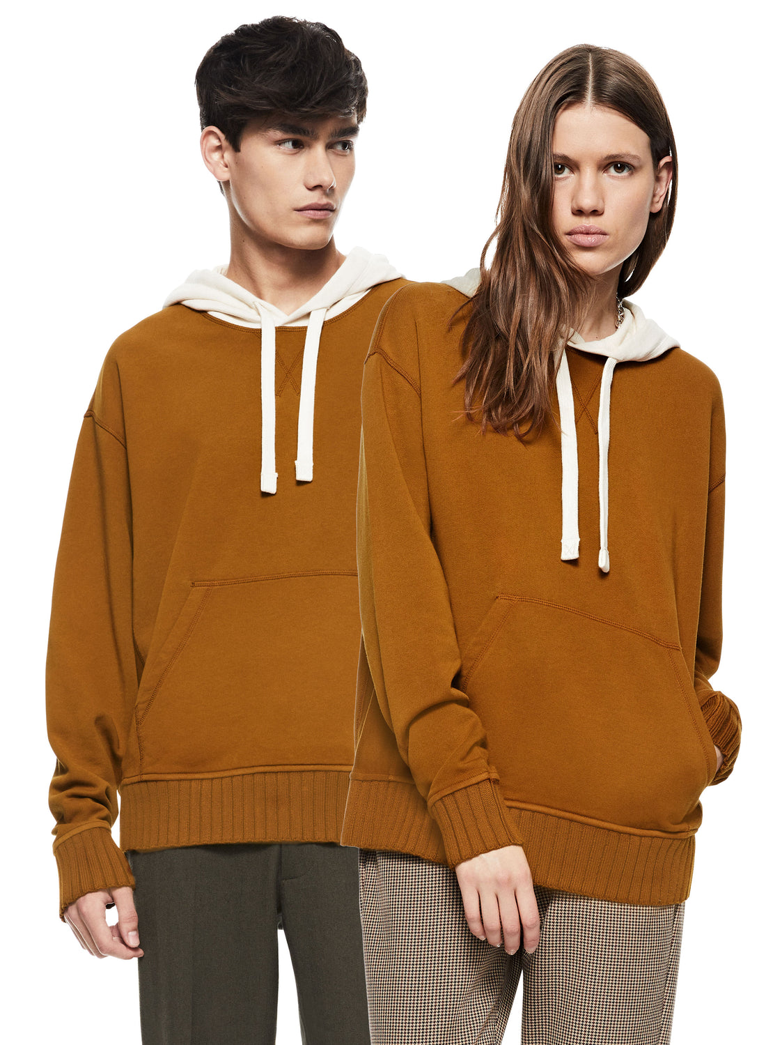 Man & Woman in Copper Colorblocked Hoodie