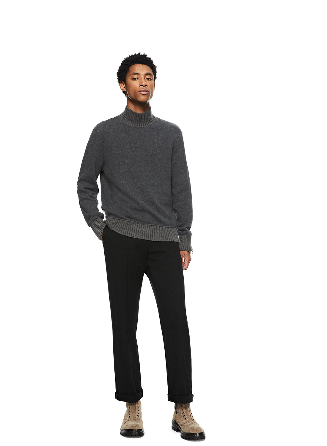 Man in Charcoal Turtleneck Sweater with Knit Trim