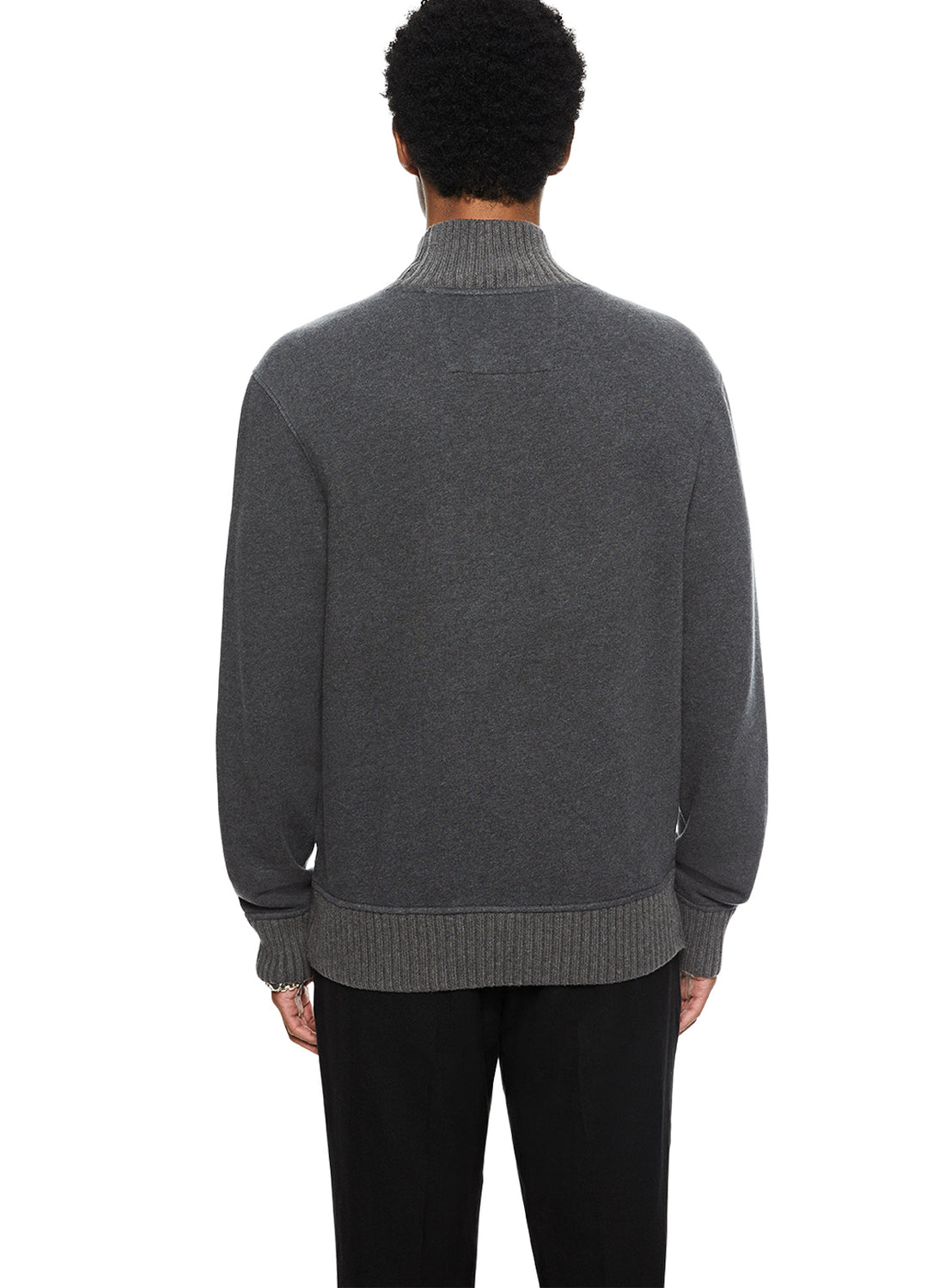 Man in Charcoal Turtleneck Sweater with Knit Trim