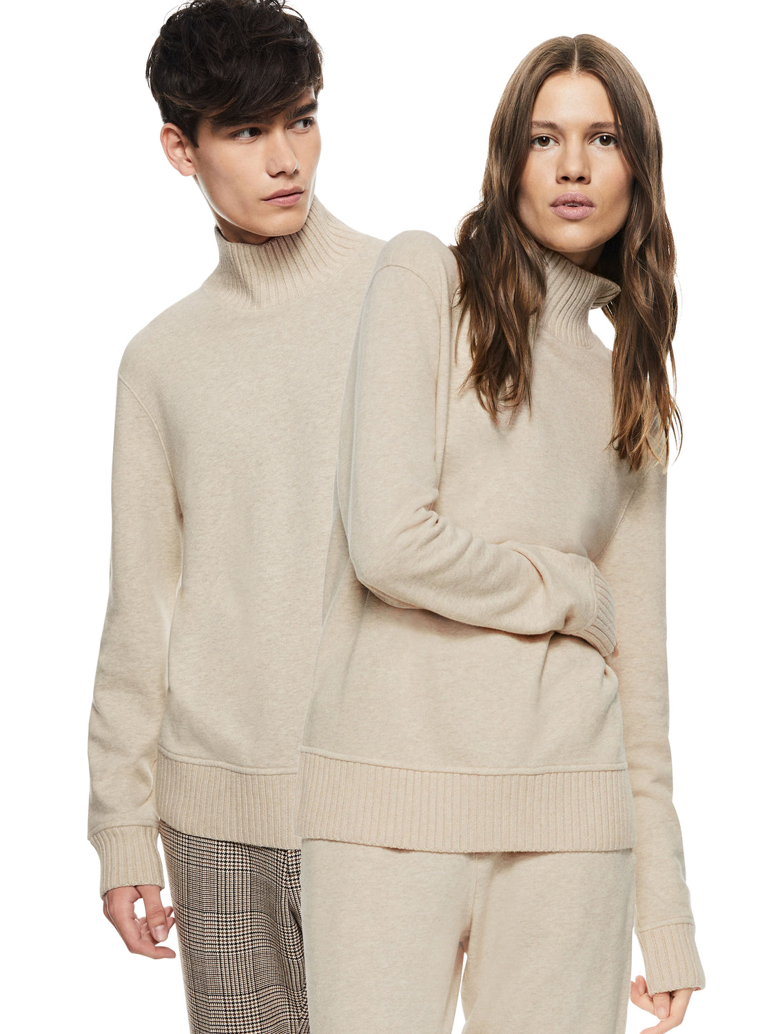 Man & Woman in Turtleneck Sweater with Knit Trim