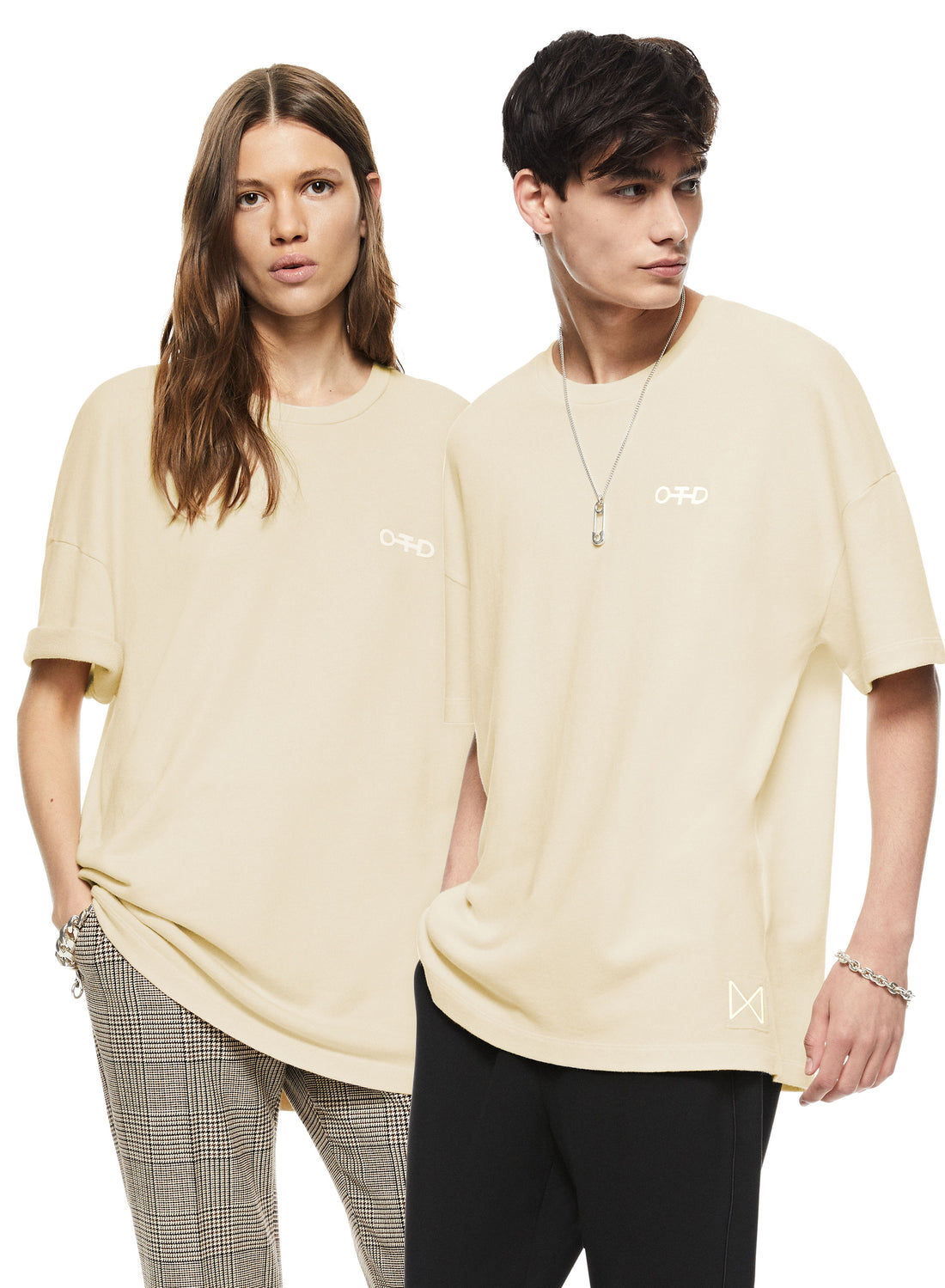 Man & Woman in Ivory Oversized Crewneck Tee