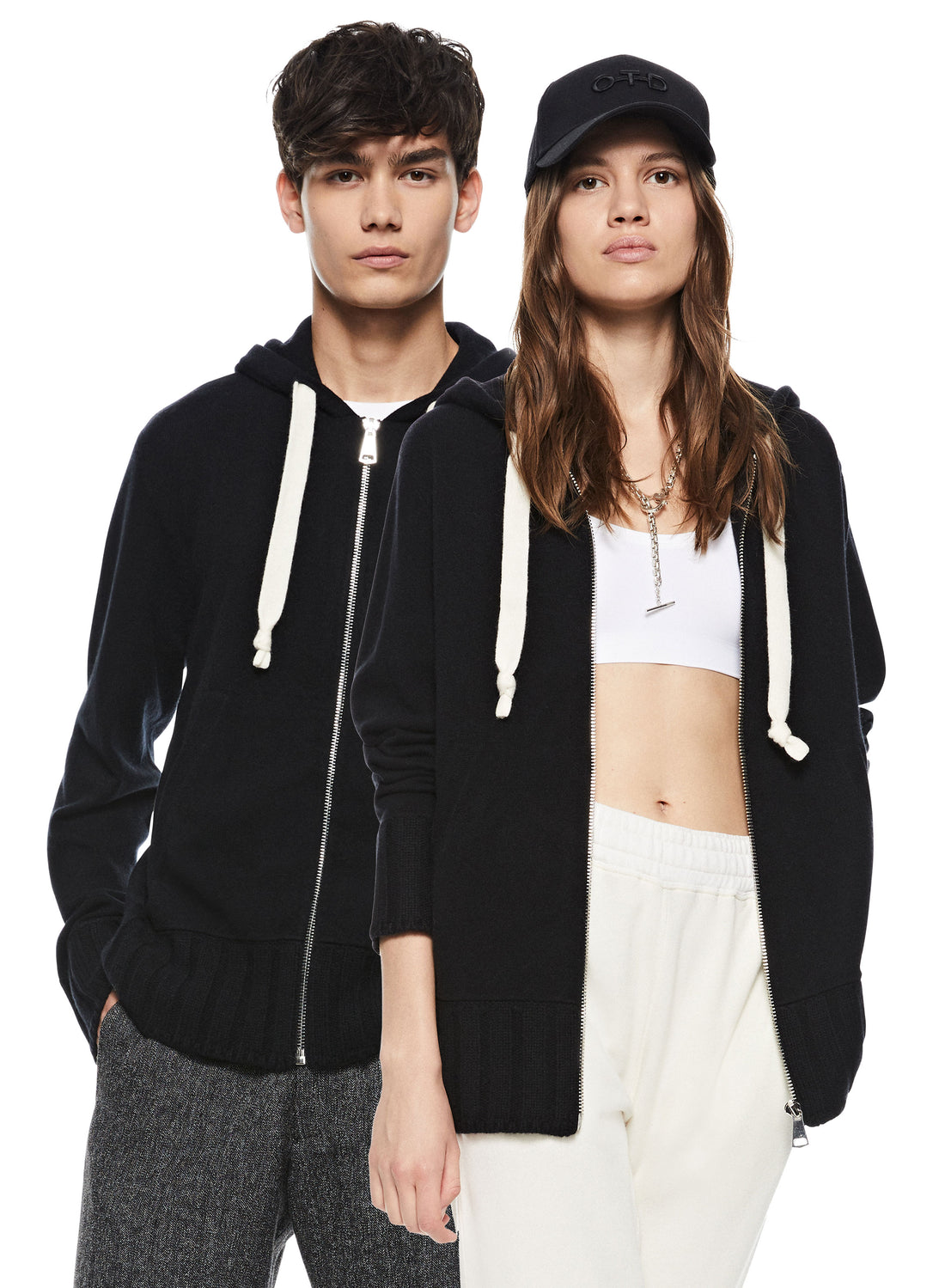 Man & Woman in Black Cashmere-Blend Zipped Hoodie