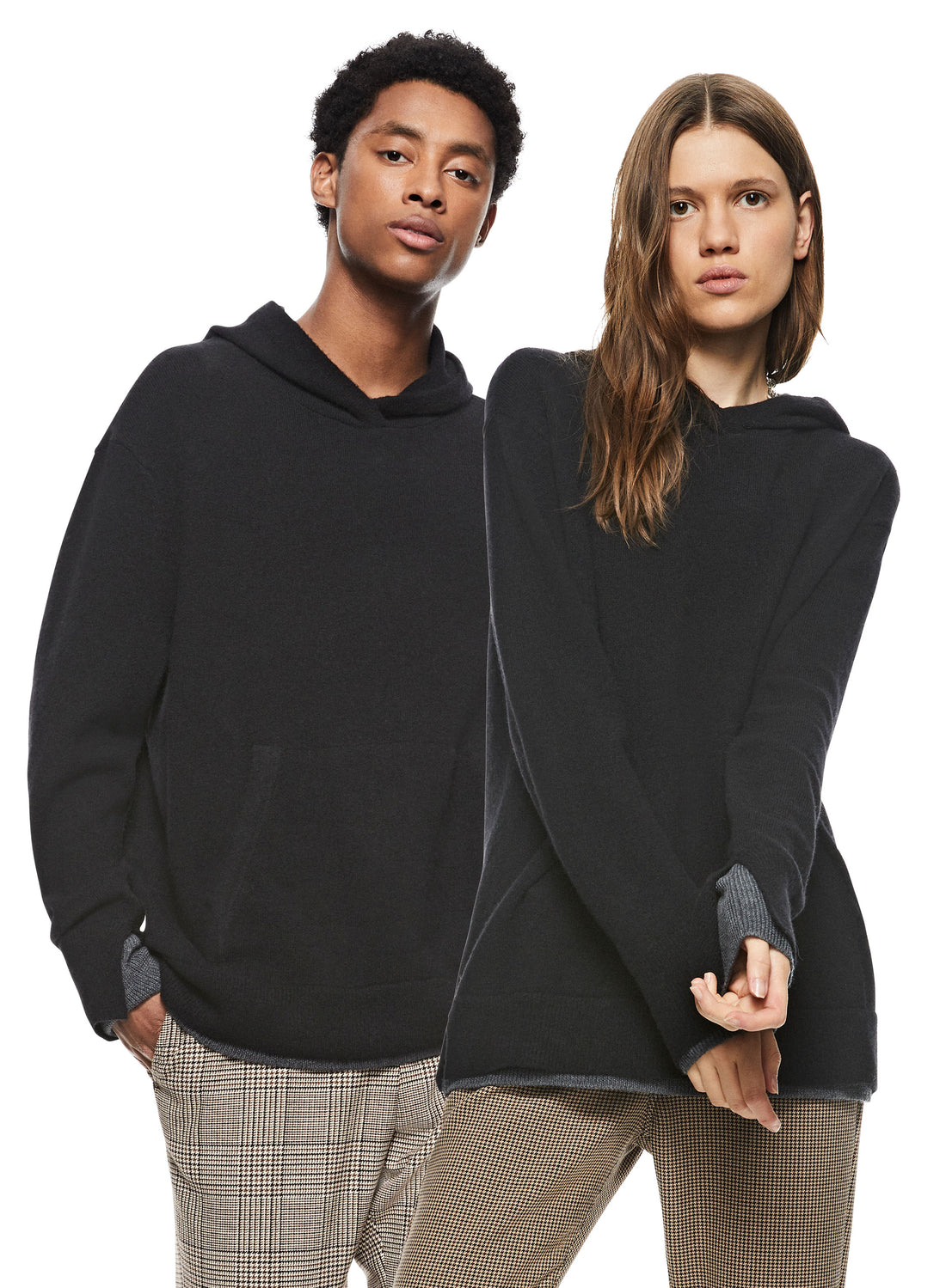 Woman & Man in Black Merino Wool Hoodie Sweater