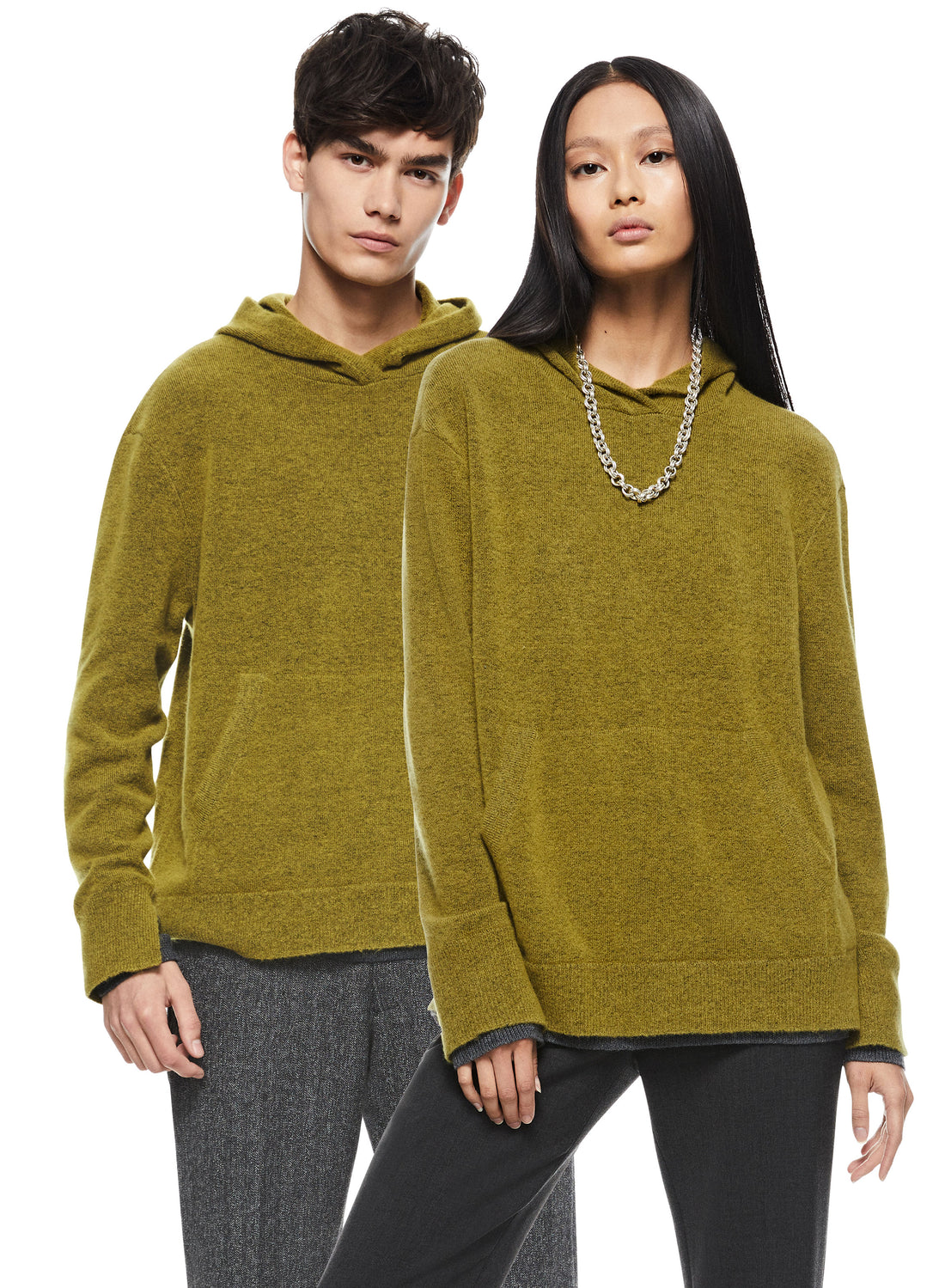 Man & Woman in Green Envy Merino Wool Hoodie Sweater