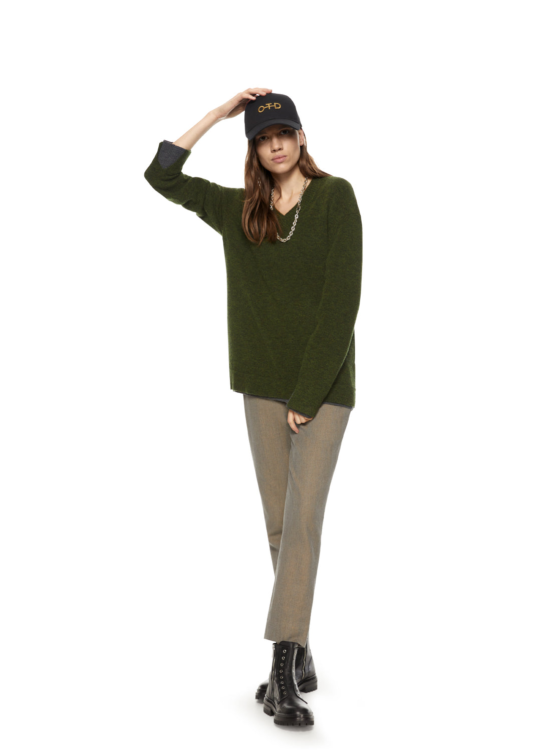 Woman in Dark Olive Merino Wool V-Neck Sweater