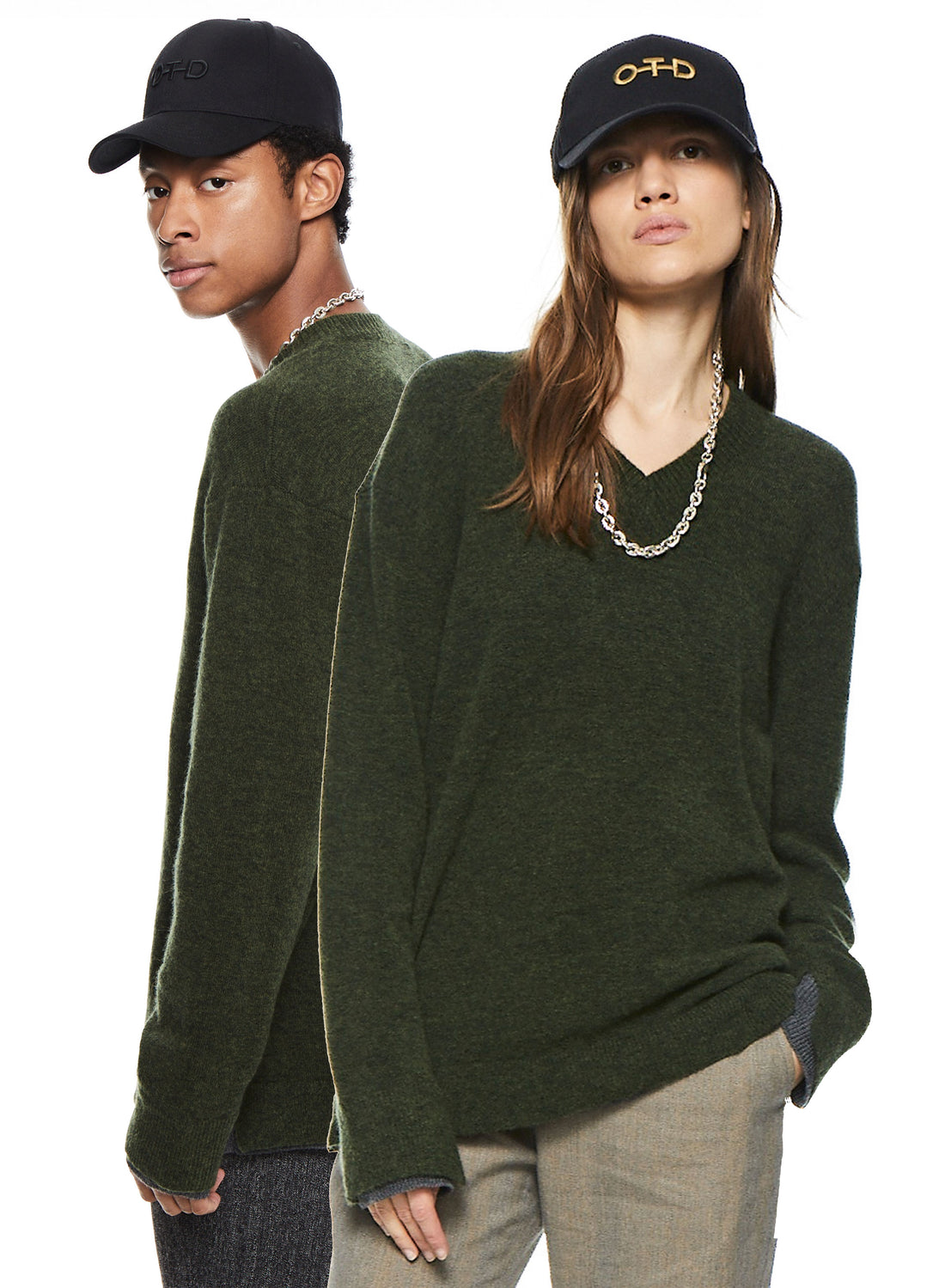 Man & Woman in Dark Olive Merino Wool V-Neck Sweater