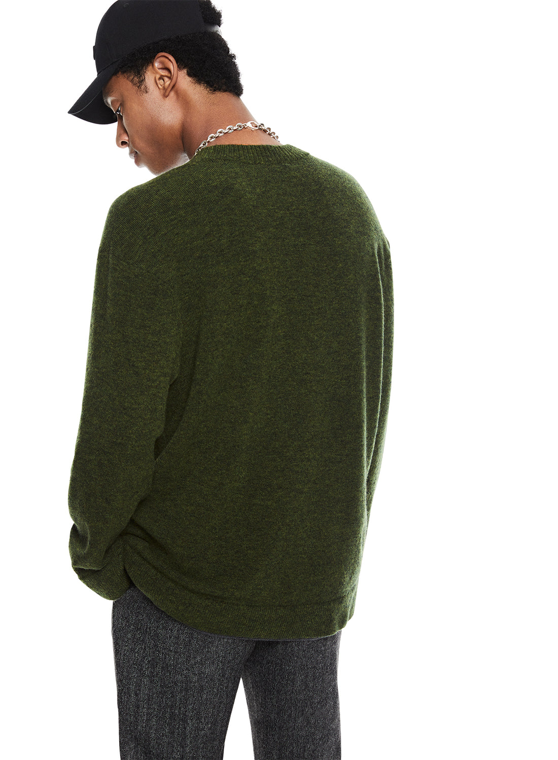 Back of Dark Olive Merino Wool V-Neck Sweater