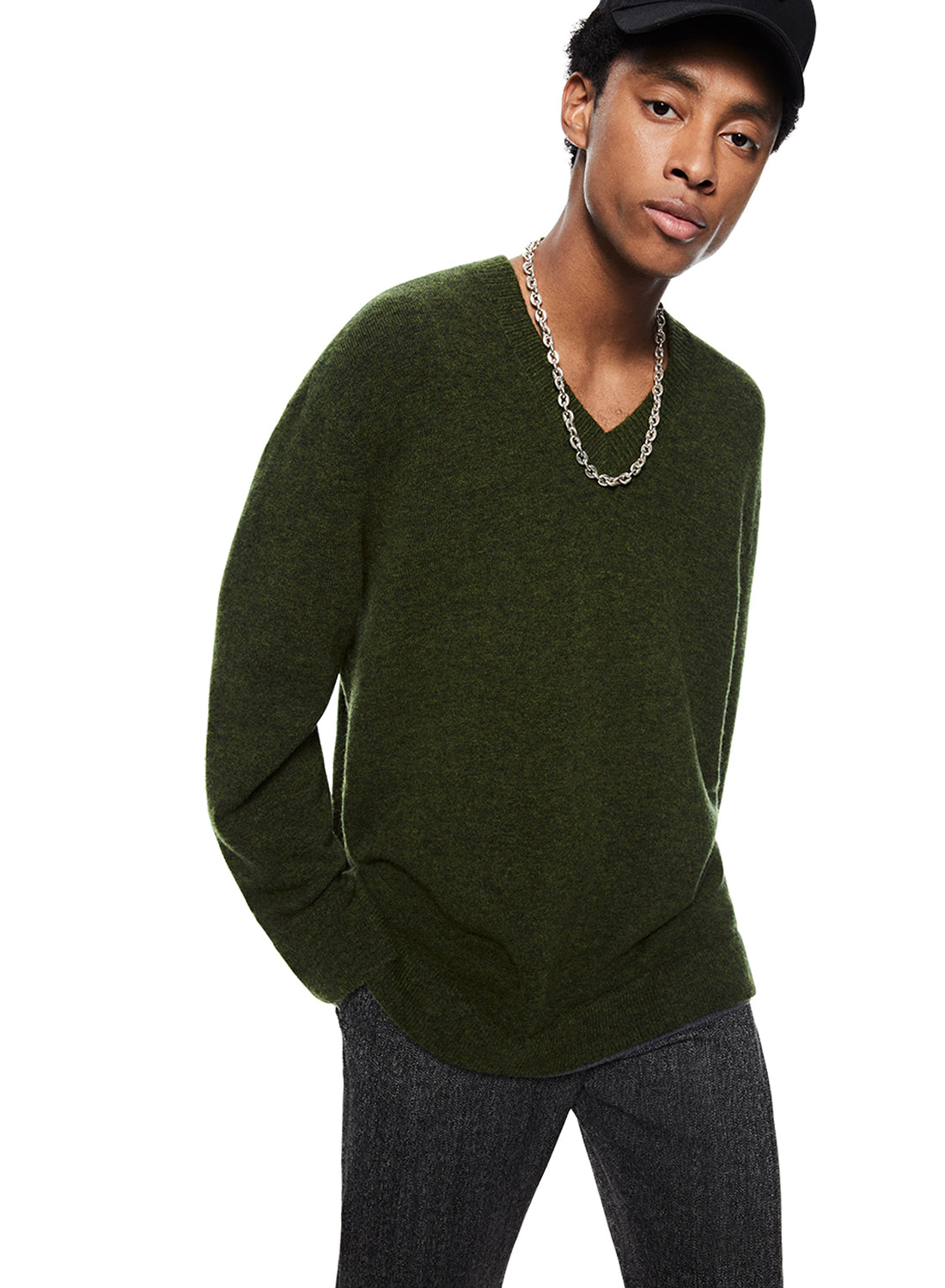 Front of Dark Olive Merino Wool V-Neck Sweater