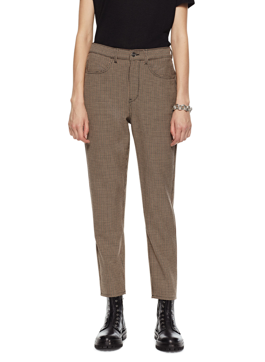 Front of Women's Khaki Multi Tapered Plaid Pants