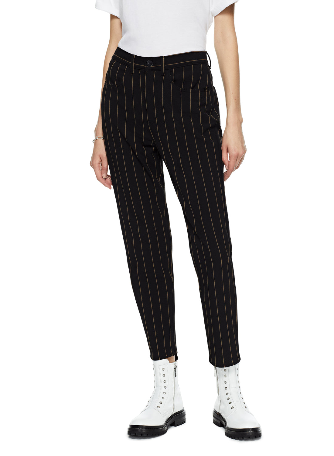 Front of Women's Black Multi Tapered Stripe Pants