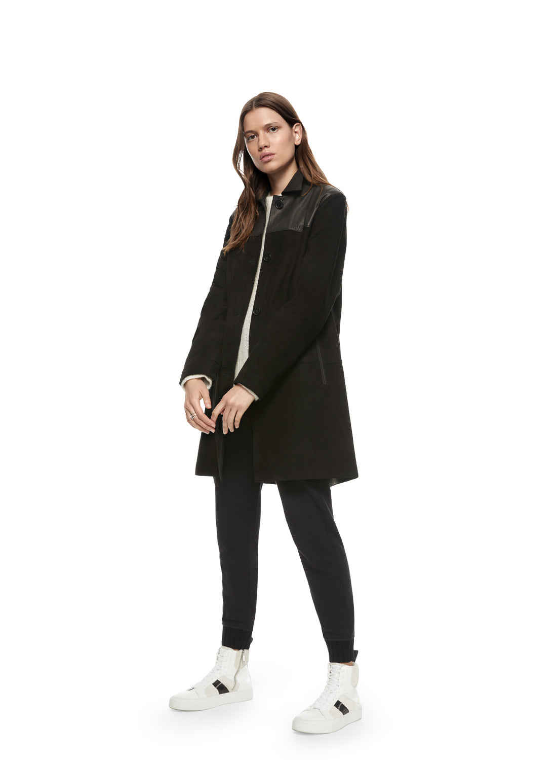 Front of Women's Black Suede Coat